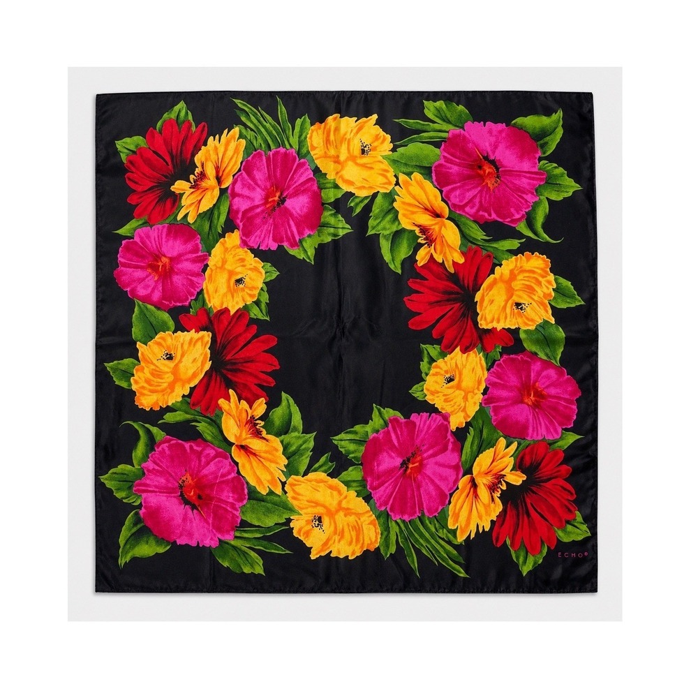 Vintage ECHO Tropical Floral Silk Scarf Black Pink Hibiscus 30x30